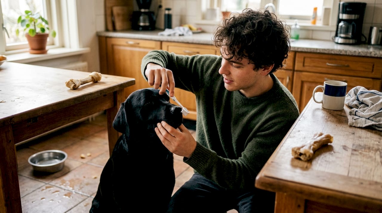 Man geeft zijn labrador in de keuken een poetsbeurt aan de tanden