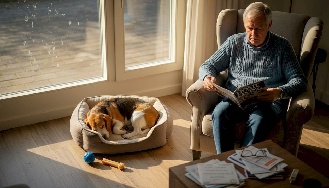 In de woonkamer zit een oudere man rustig te lezen, terwijl zijn hond gezellig naast hem ligt.