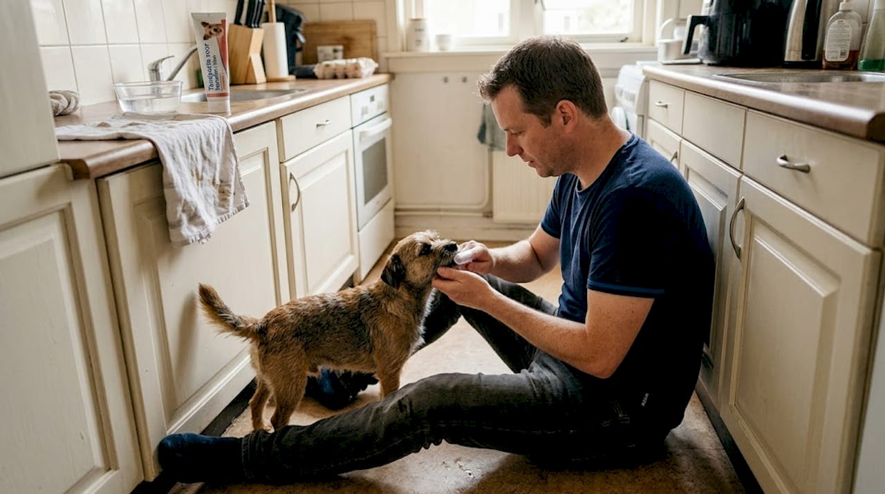Een man poetst de tandjes van zijn kleine hondje.