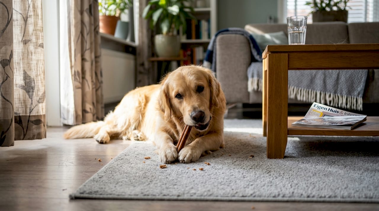 Een hond ligt relaxed te knabbelen op een kauwstaaf.