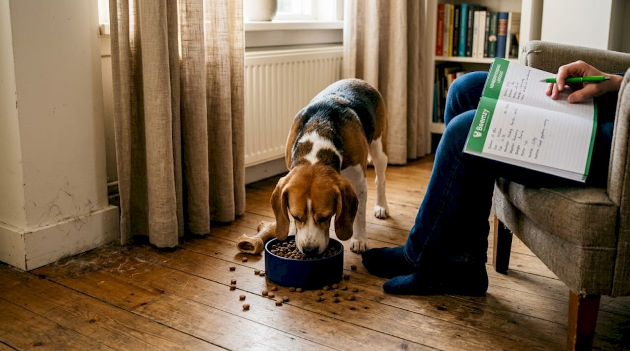 De hond zit gezellig in de woonkamer en eet zijn brokken terwijl het baasje erbij is.
