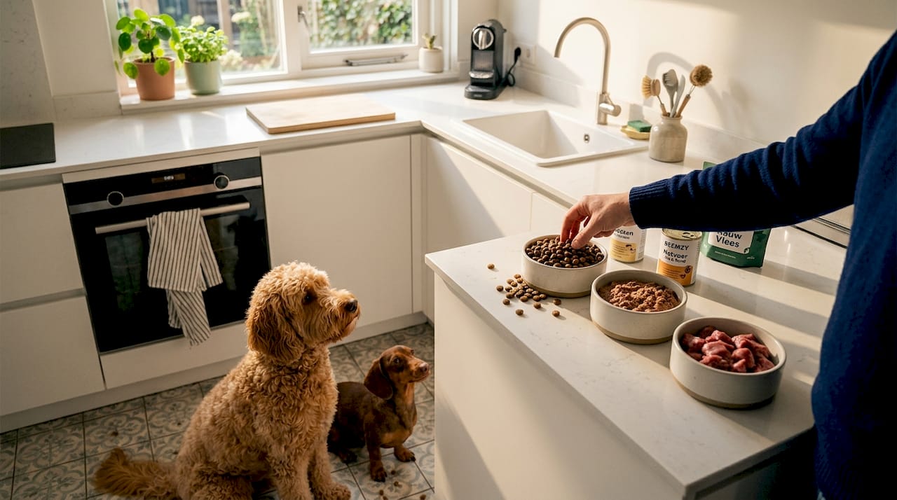 De eigenaar geeft zijn huisdier afwisselend brokjes, natvoer en vers vlees.
