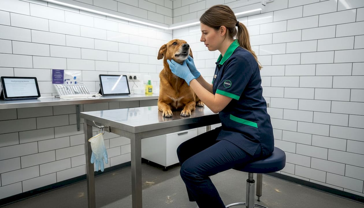 De dierenarts bekijkt het gebit van de hond tijdens een controle.