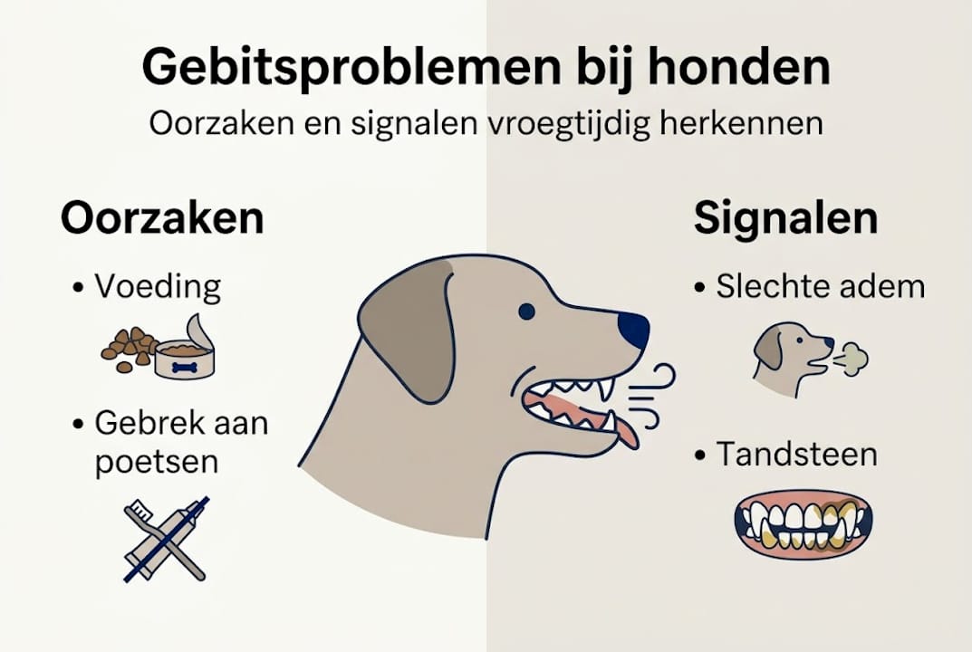 Infographic: de meest voorkomende oorzaken en herkenningspunten van gebitsproblemen bij honden