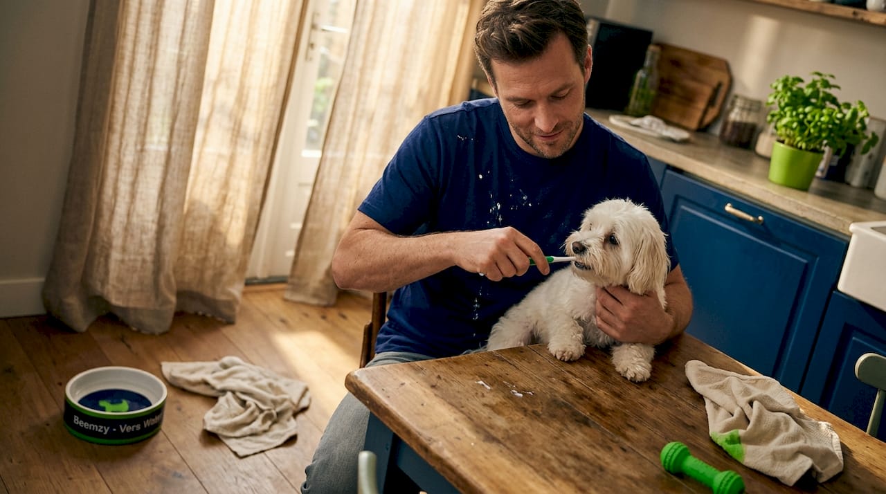 Een man poetst thuis de tandjes van zijn kleine hond.