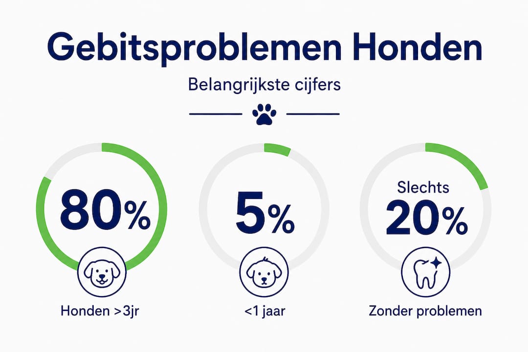 Overzichtelijke infographic met de belangrijkste feiten en cijfers over gebitsproblemen bij honden