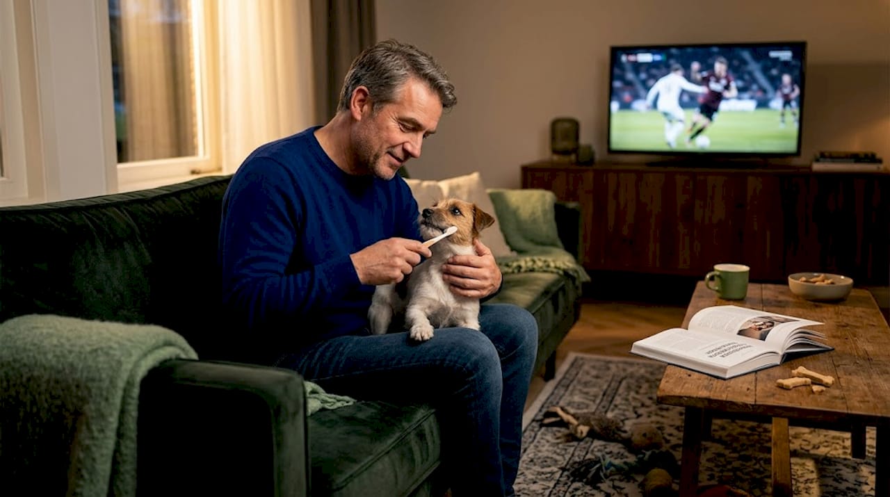Man poetst thuis het gebit van zijn hond
