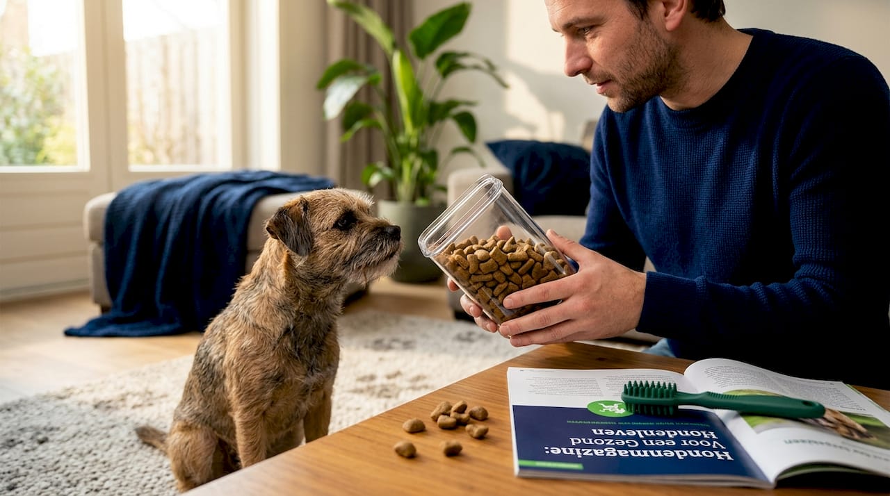 Man laat zijn hond speciale kauwbrokken zien om het gebit schoon te houden.
