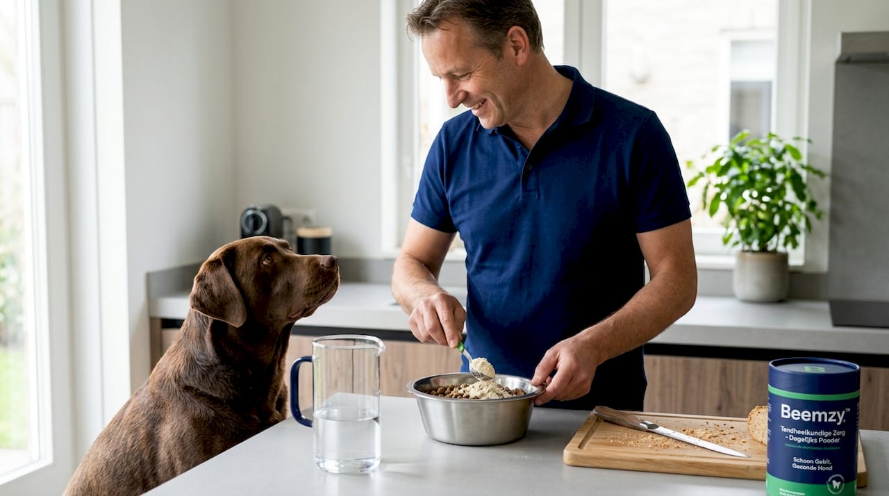 Een man voegt tandpoeder toe aan het voer van zijn hond.
