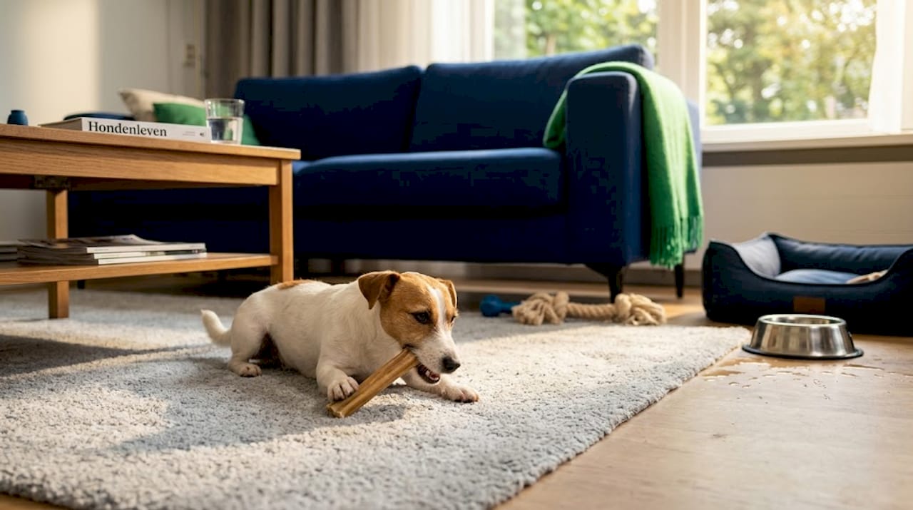 De hond ligt op het kleed in de woonkamer lekker te kauwen op zijn kauwstaaf.