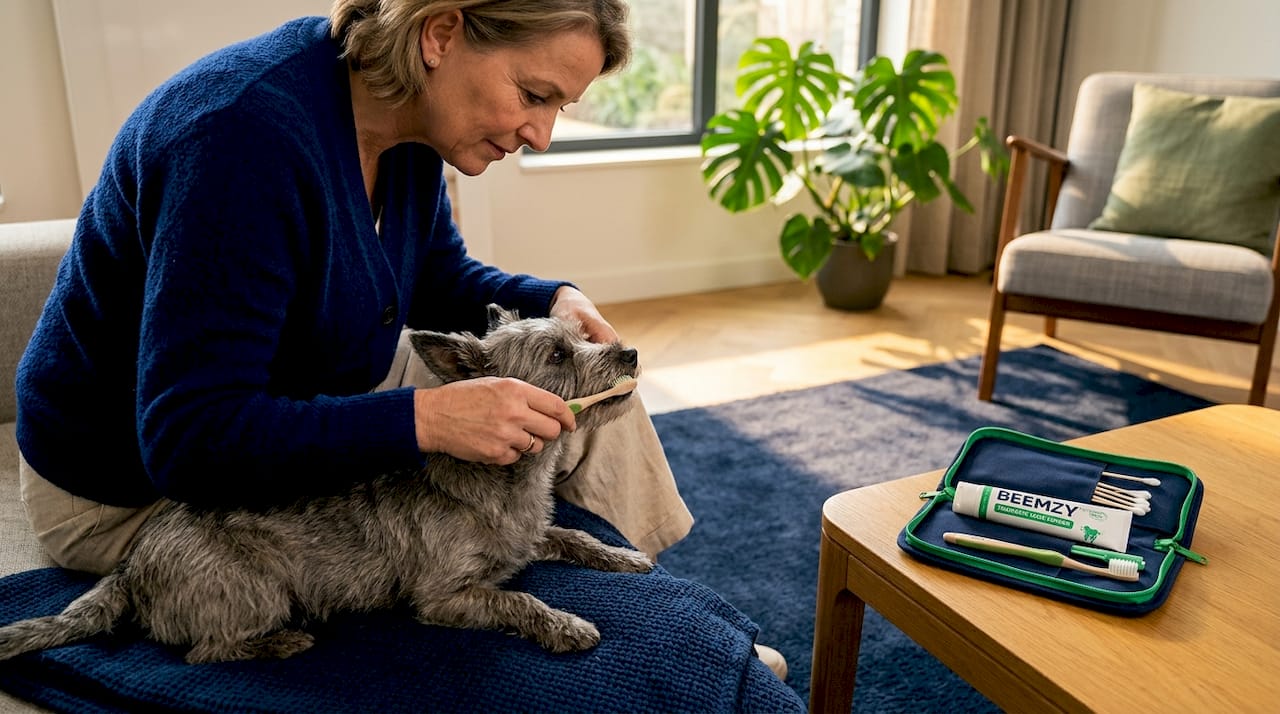 In de woonkamer is een vrouw bezig om de tanden van haar oudere hond te poetsen.