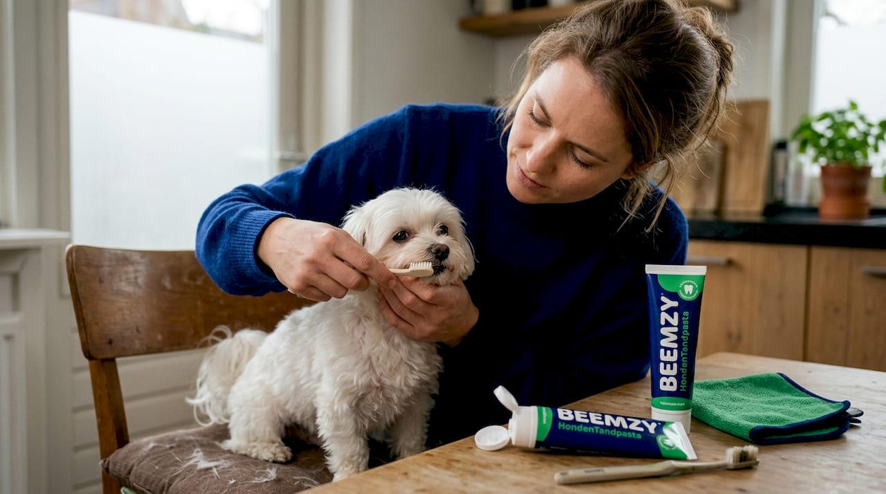 Baasje poetst de tanden van de hond gezellig aan de keukentafel.