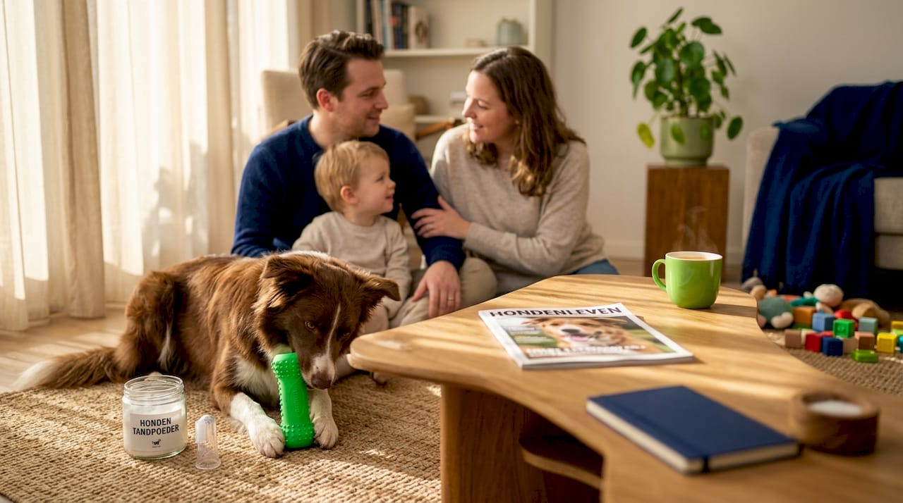 In de woonkamer vermaakt de hond zich met zijn speeltje dat speciaal is om zijn tanden schoon te houden.