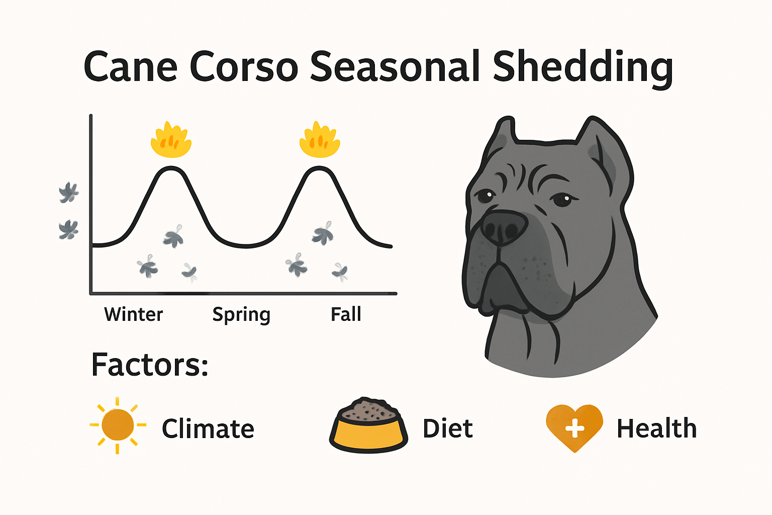 Illustrated chart of Cane Corso seasonal shedding patterns and main influences