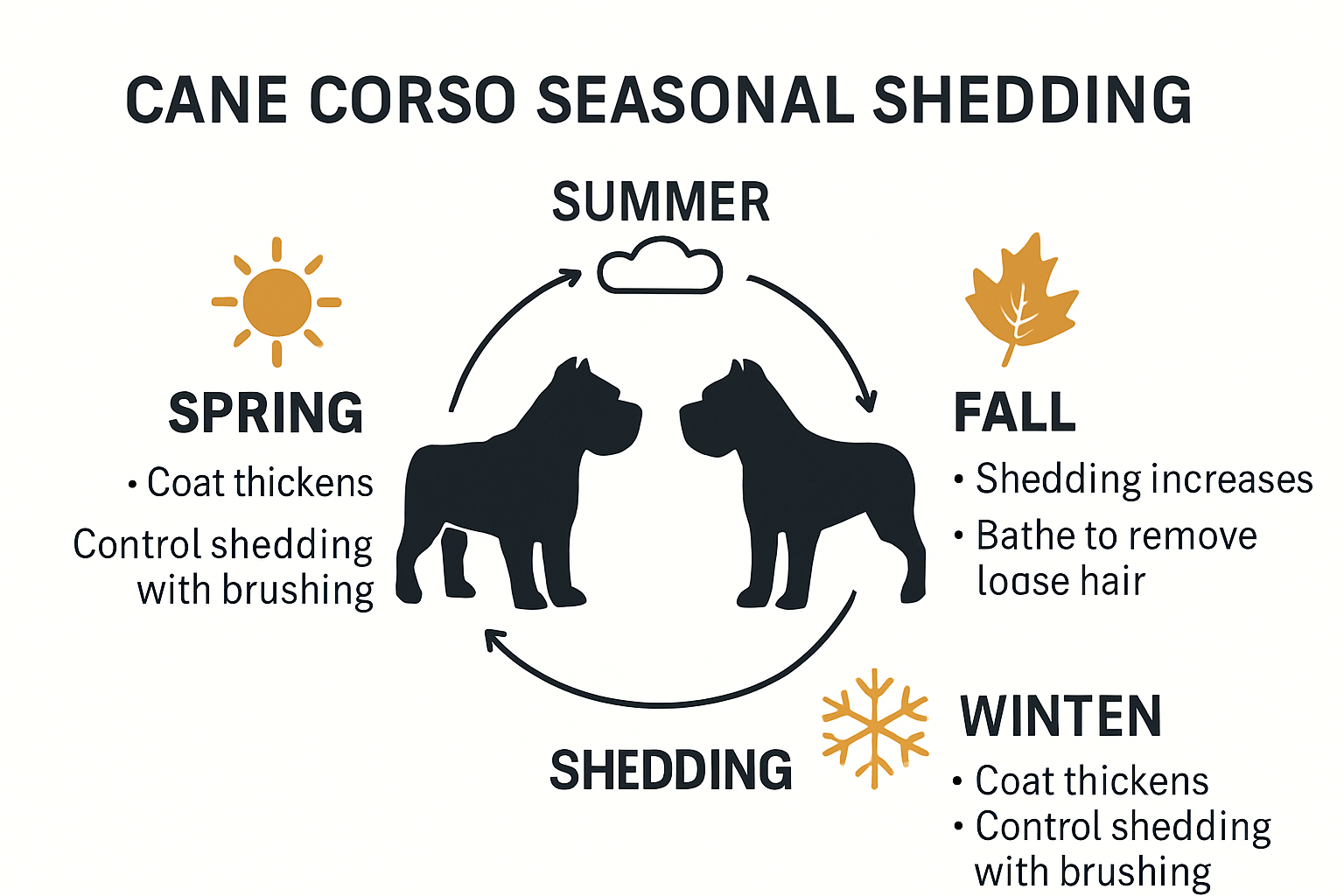 Cane Corso seasonal shedding infographic with cycle and management tips