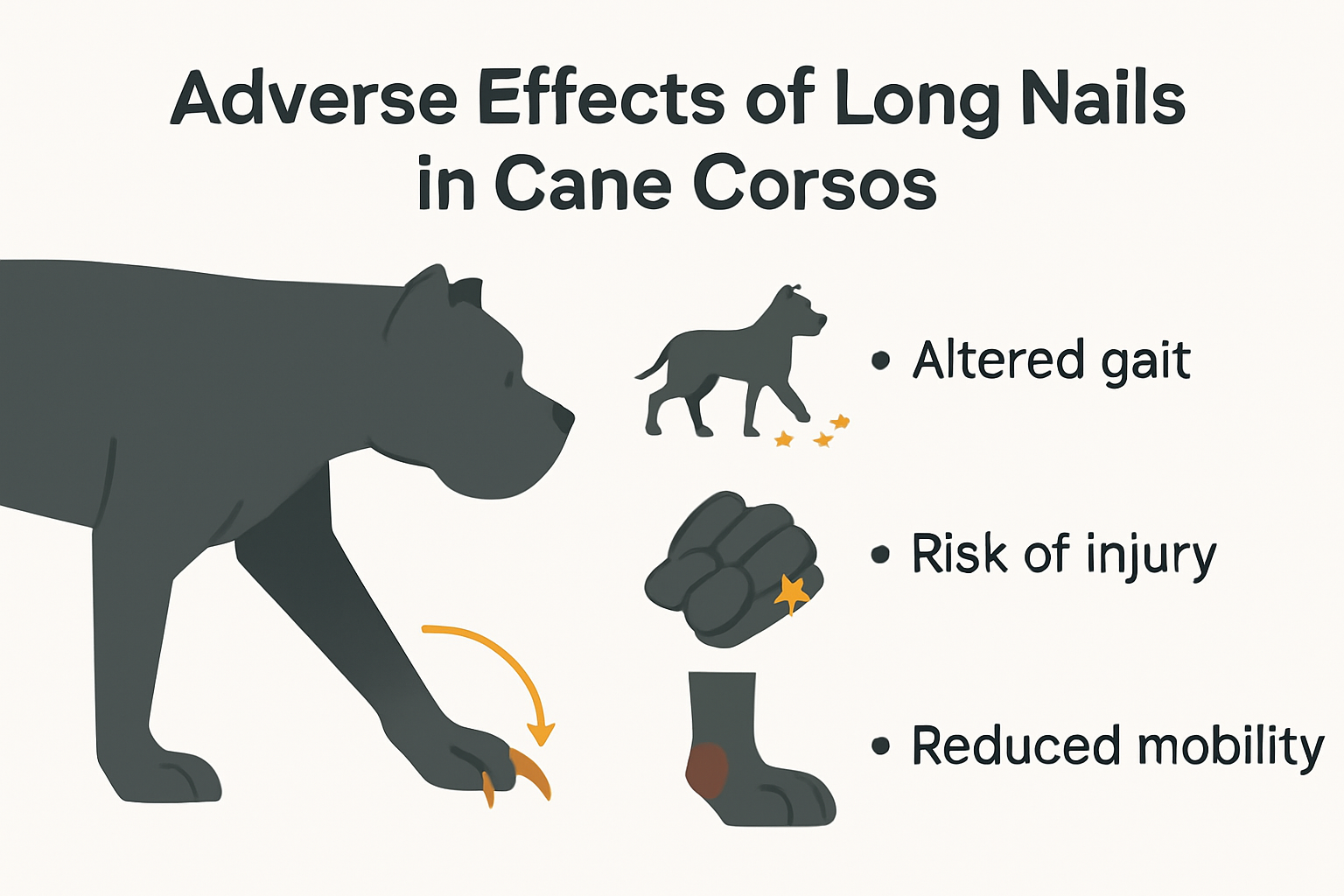 Infographic showing effects of long Cane Corso nails