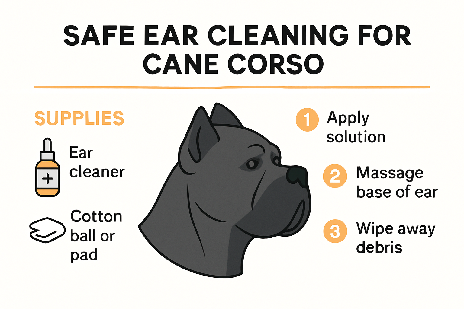Step-by-step Cane Corso ear cleaning infographic