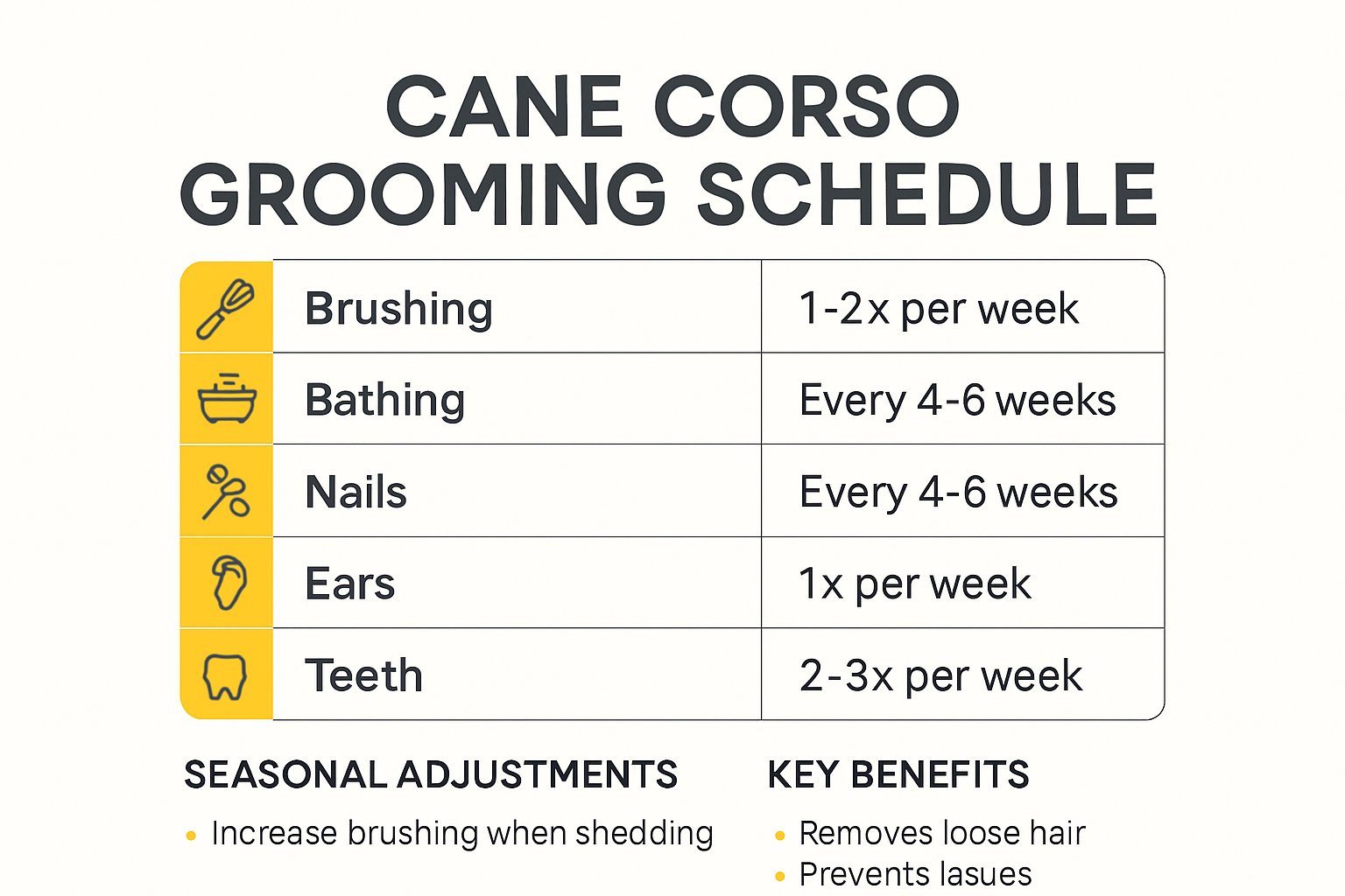 Cane Corso grooming frequency schedule infographic