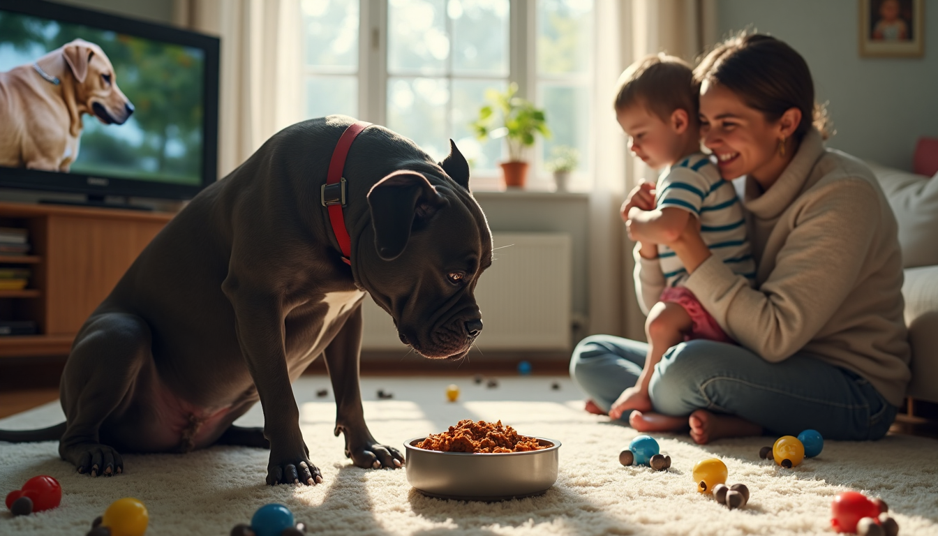 Family observes Cane Corso eating with nutrition overlay on TV