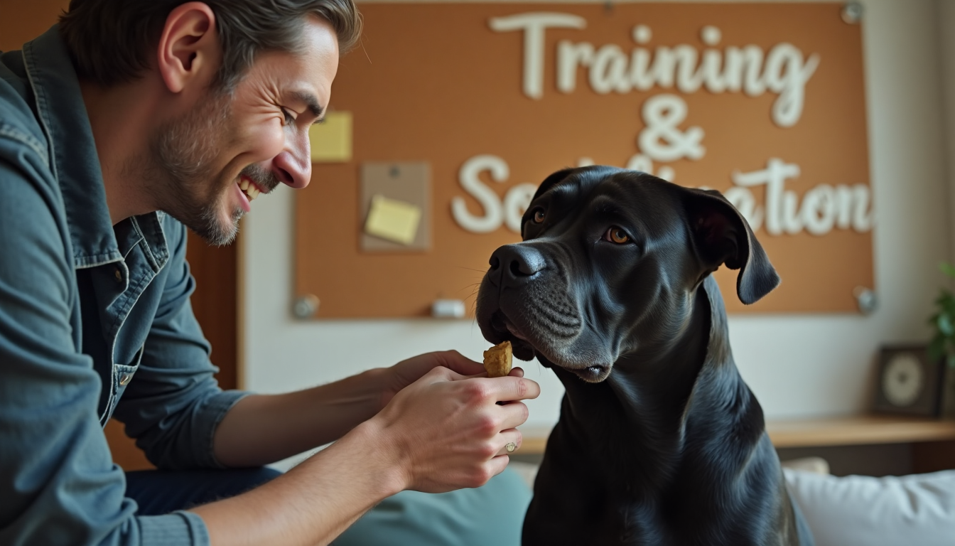 Owner training attentive Cane Corso with reward indoors