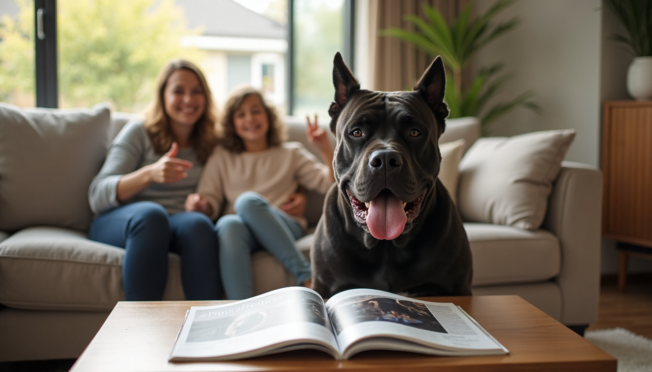 Cane Corso in family living room with magazine