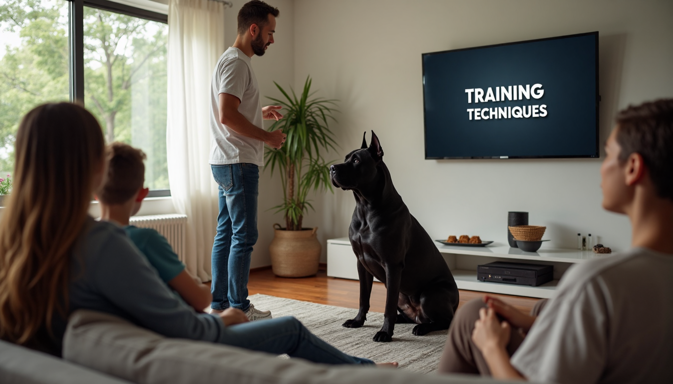 Family practicing Cane Corso training in living room environment