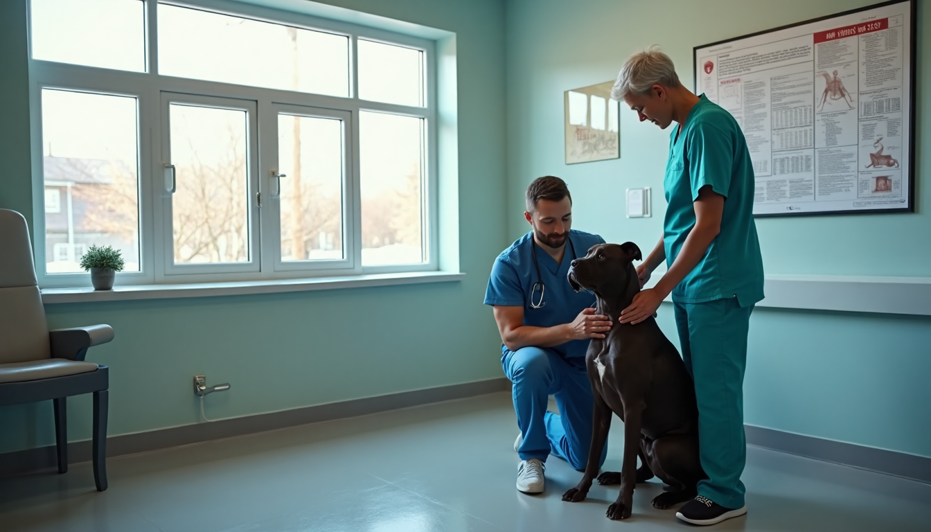 Veterinarian examines Cane Corso in clinic, health test poster with text