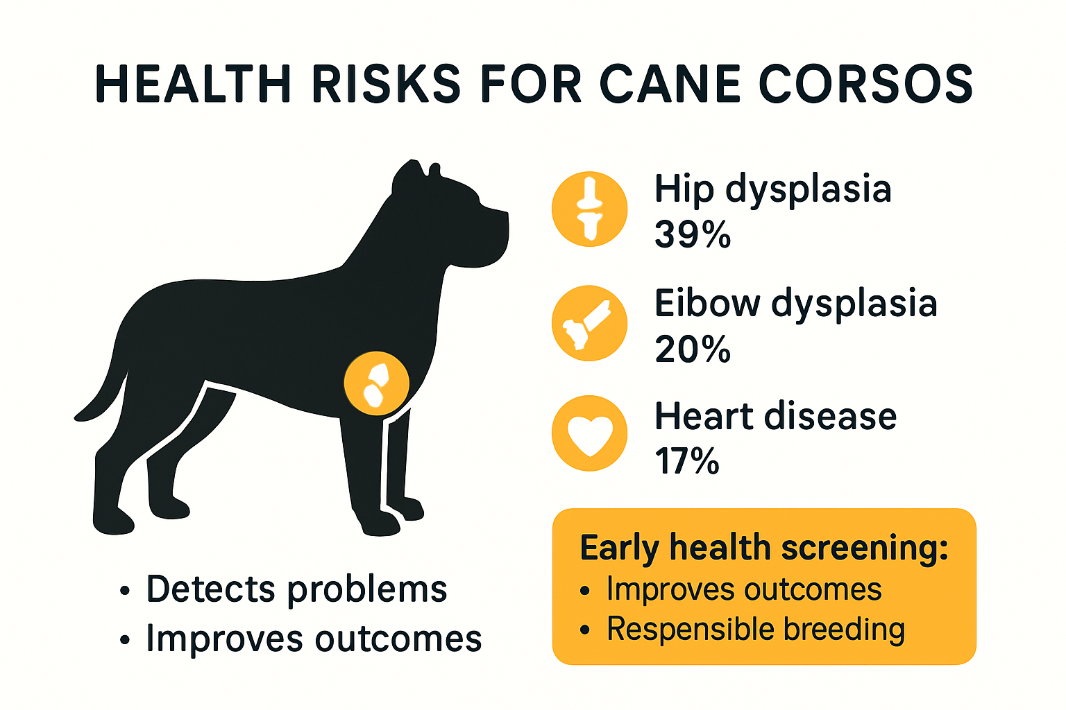 Infographic showing Cane Corso common genetic and orthopedic health risks and screening benefits