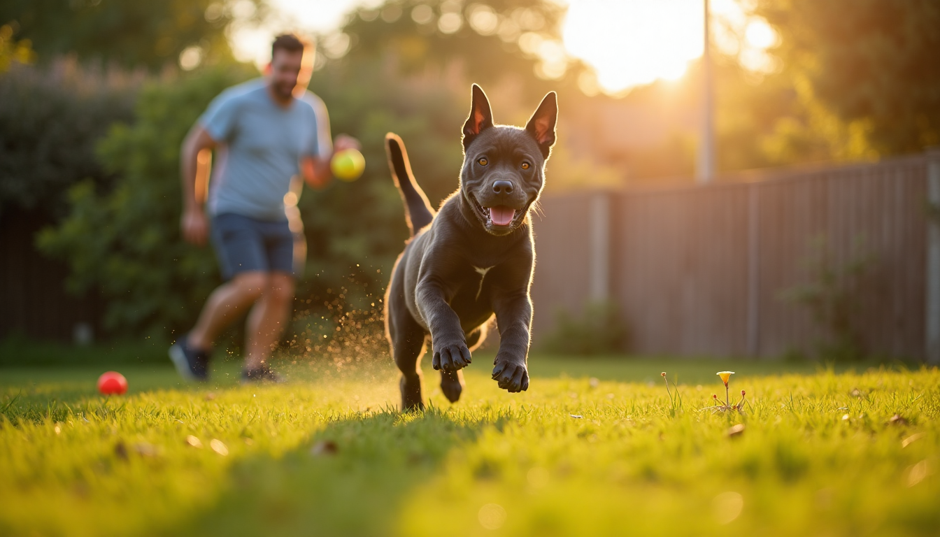 Cane Corso puppy mid-sprint playing fetch outdoors