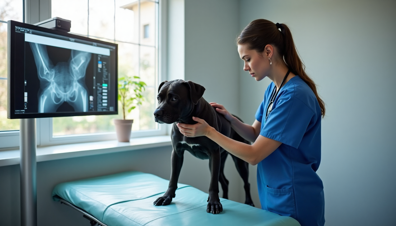 Veterinarian checking Cane Corso’s joint with text on x-ray monitor