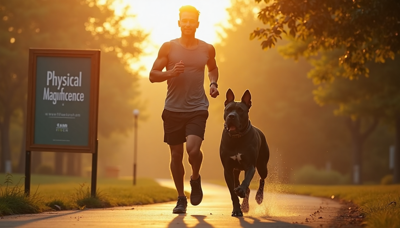 Cane Corso running with owner in sunlit park