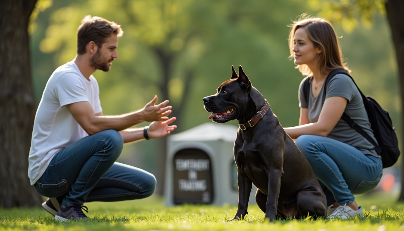 Cane Corso mid-training with trainers and Temperament in Training banner