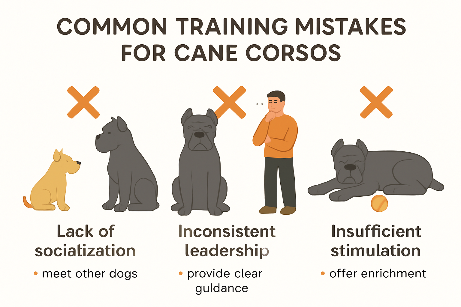 Infographic of common Cane Corso training mistakes with corrective tips