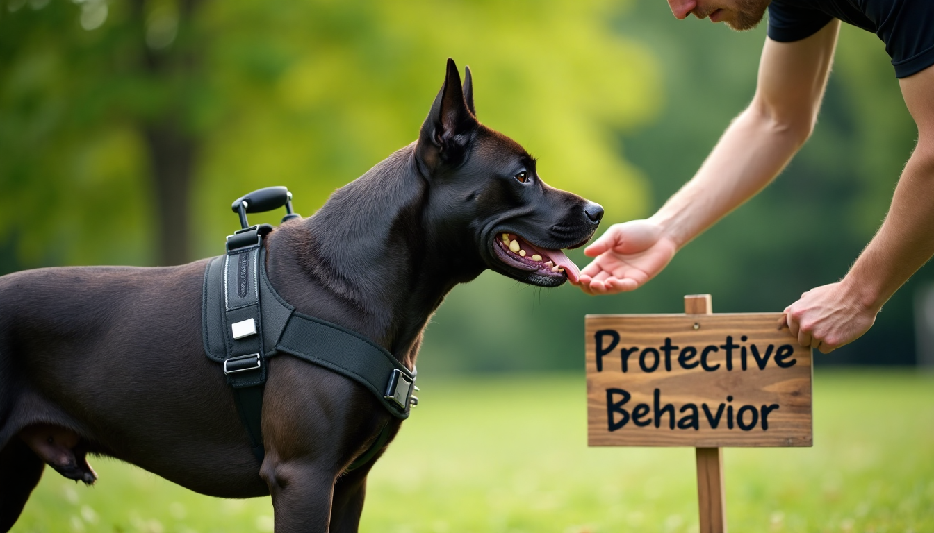 Cane Corso trains with professional in a sunny park setting