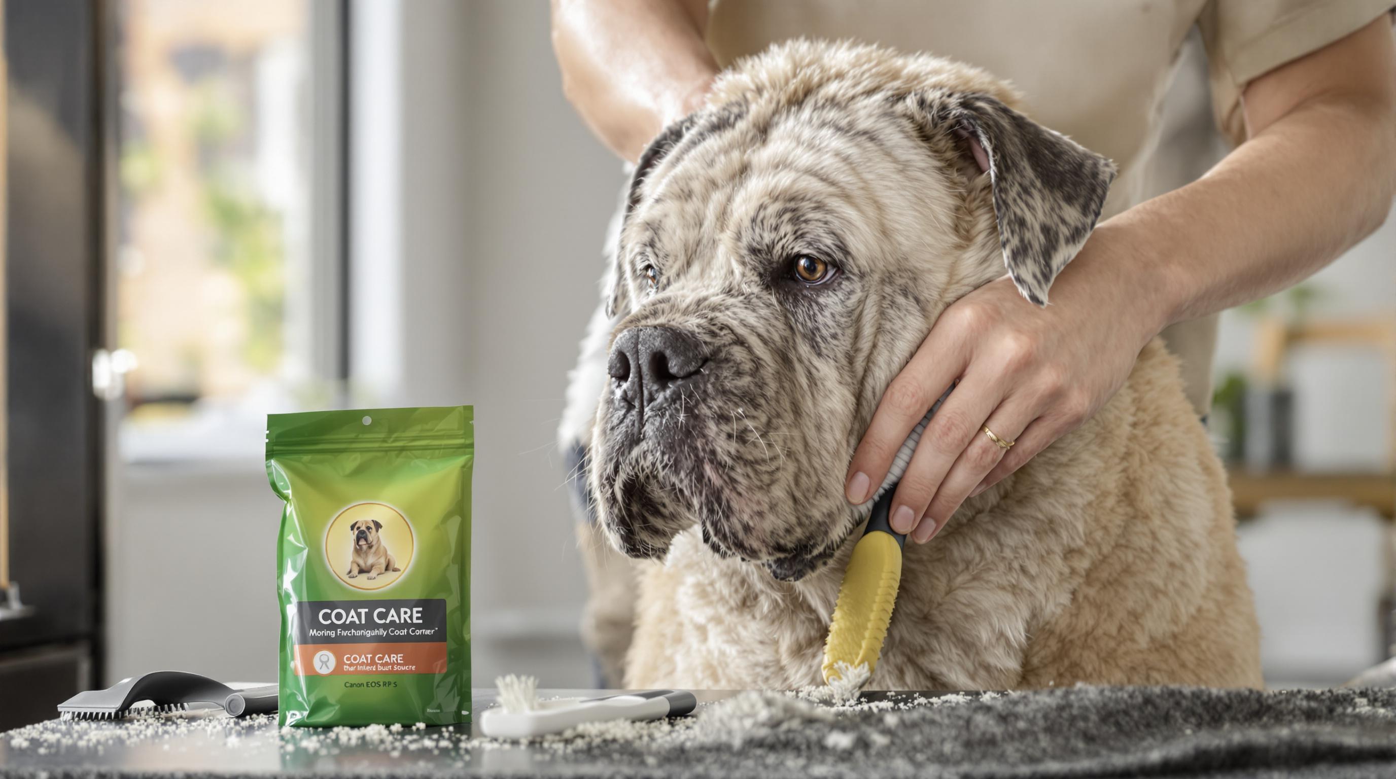 Slicker brush grooming Cane Corso’s double coat close-up scene