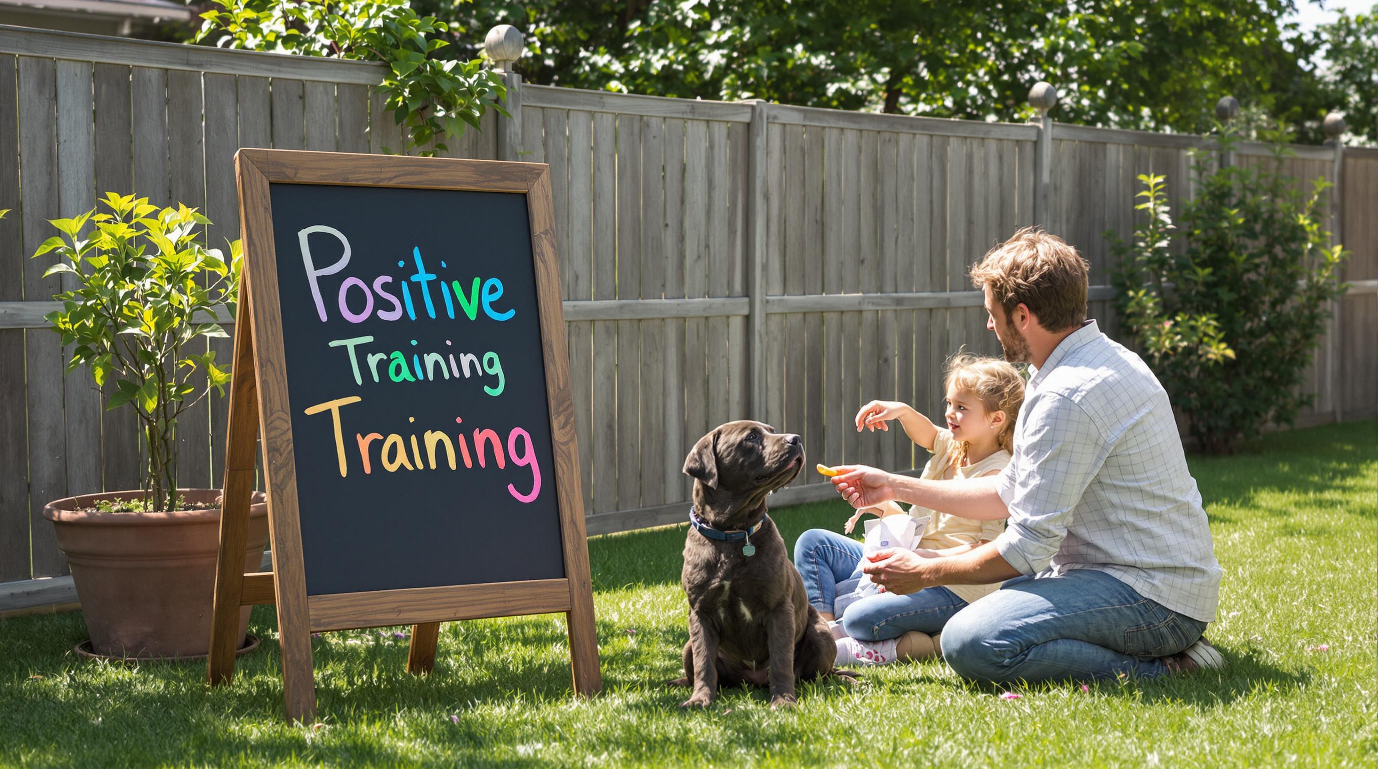 Child and adult train Cane Corso puppy with positive reinforcement