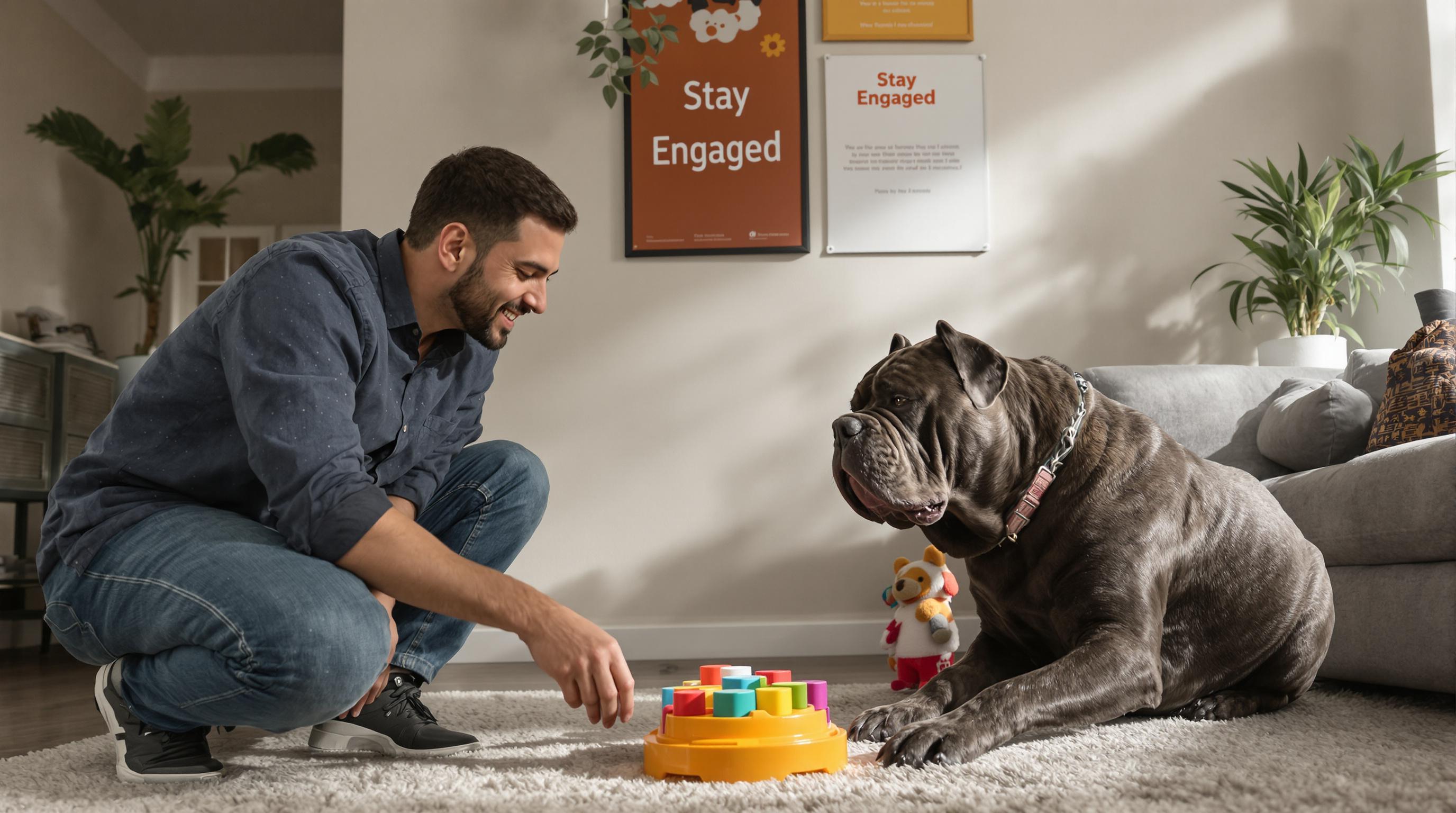 Cane Corso solving puzzle toy with owner, 'Stay Engaged' poster in background