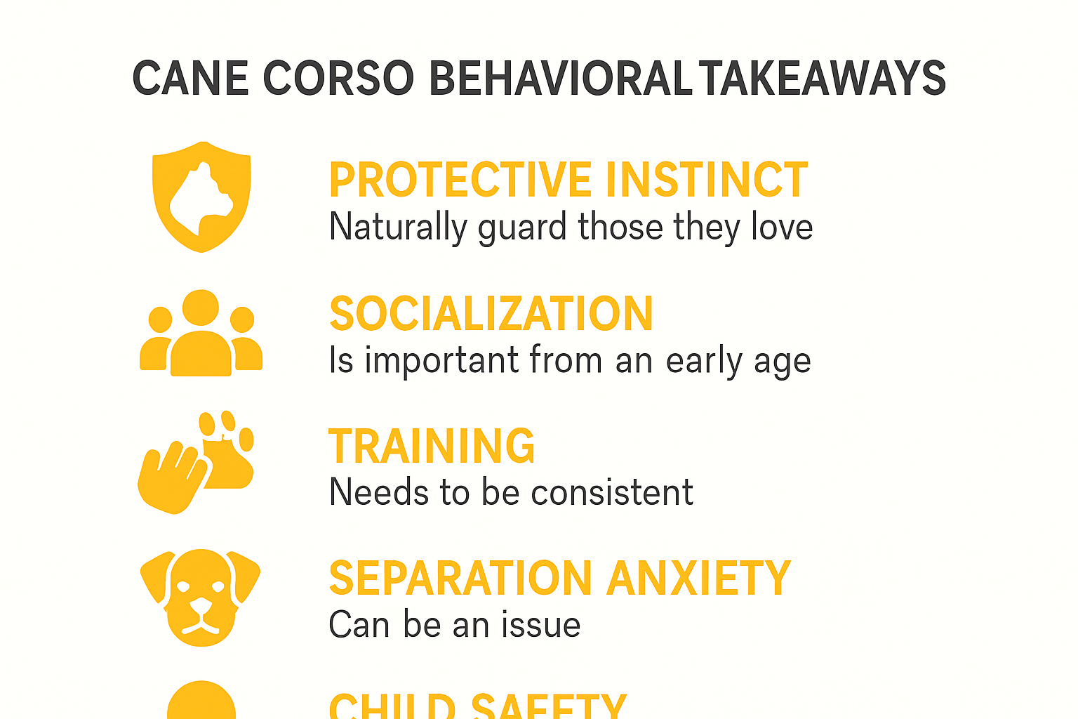 Infographic with top Cane Corso behavioral tips and traits