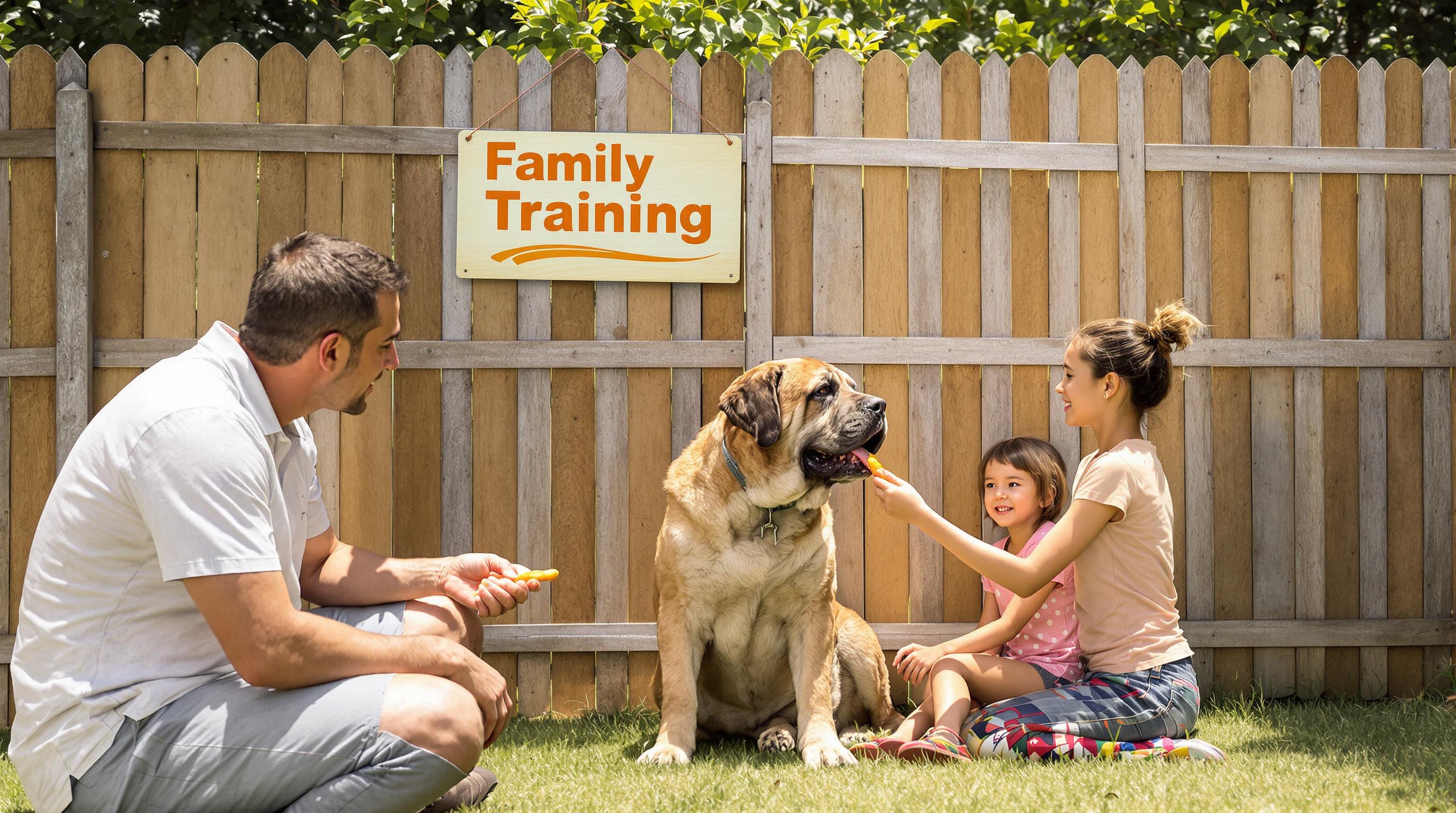 Family training Mastiff outdoors with positive reinforcement