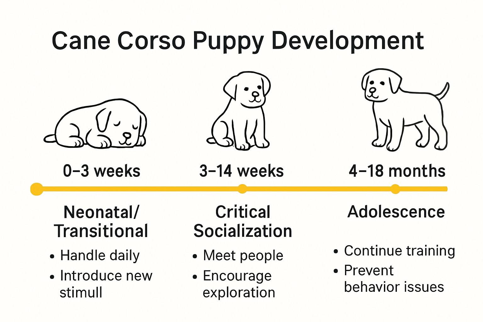 Cane Corso puppy socialization stages timeline infographic