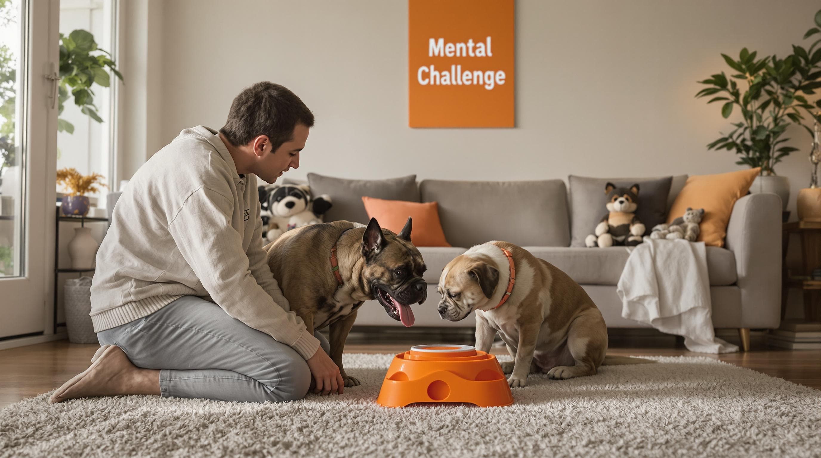 Cane Corso playing with puzzle toy, 'Mental Challenge' poster visible on wall