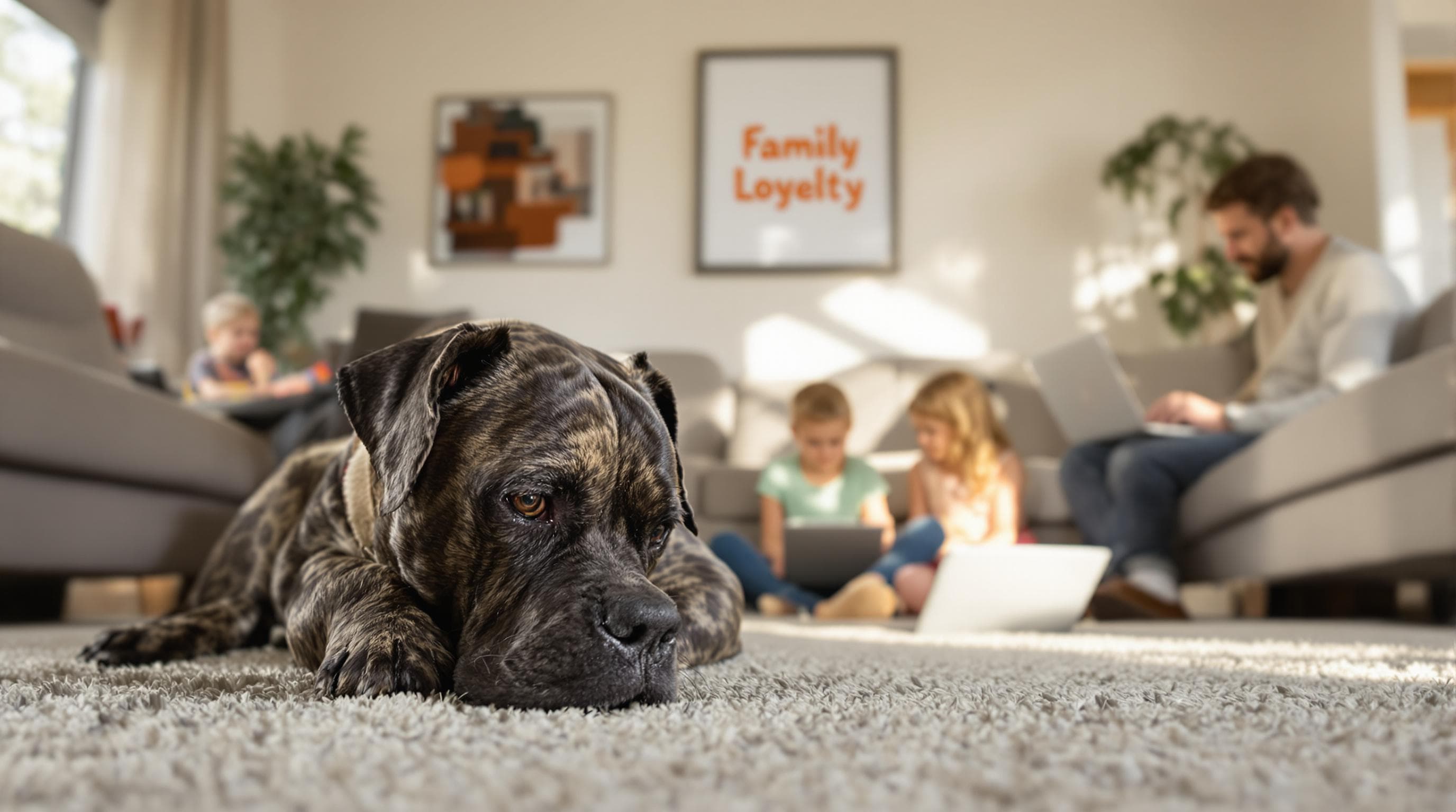 Cane Corso watching kids and parent at home, poster says Family Loyalty