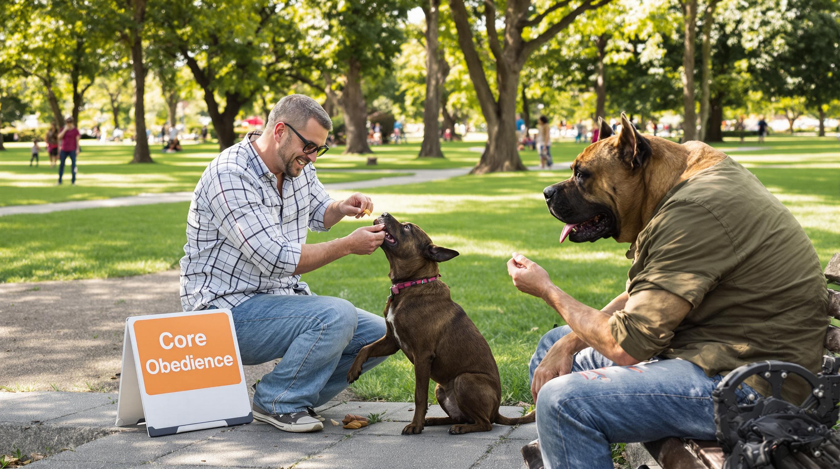 Owner rewarding Cane Corso for obedience command in park