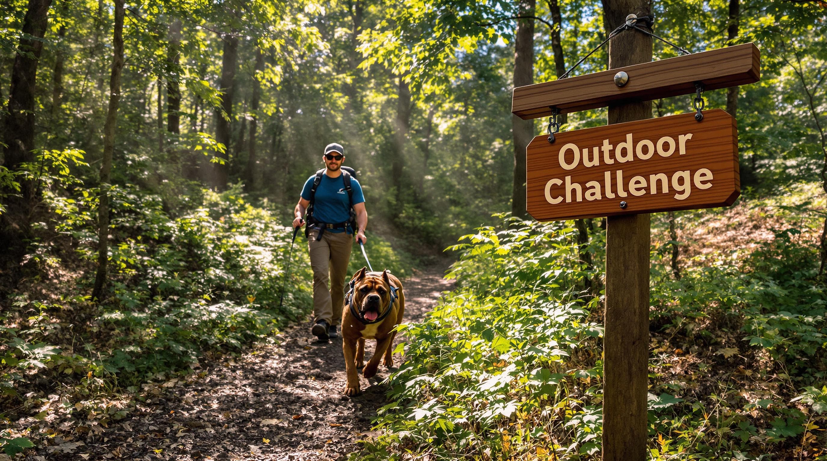 Cane Corso and owner hiking woodland trail, emphasizing outdoor exercise
