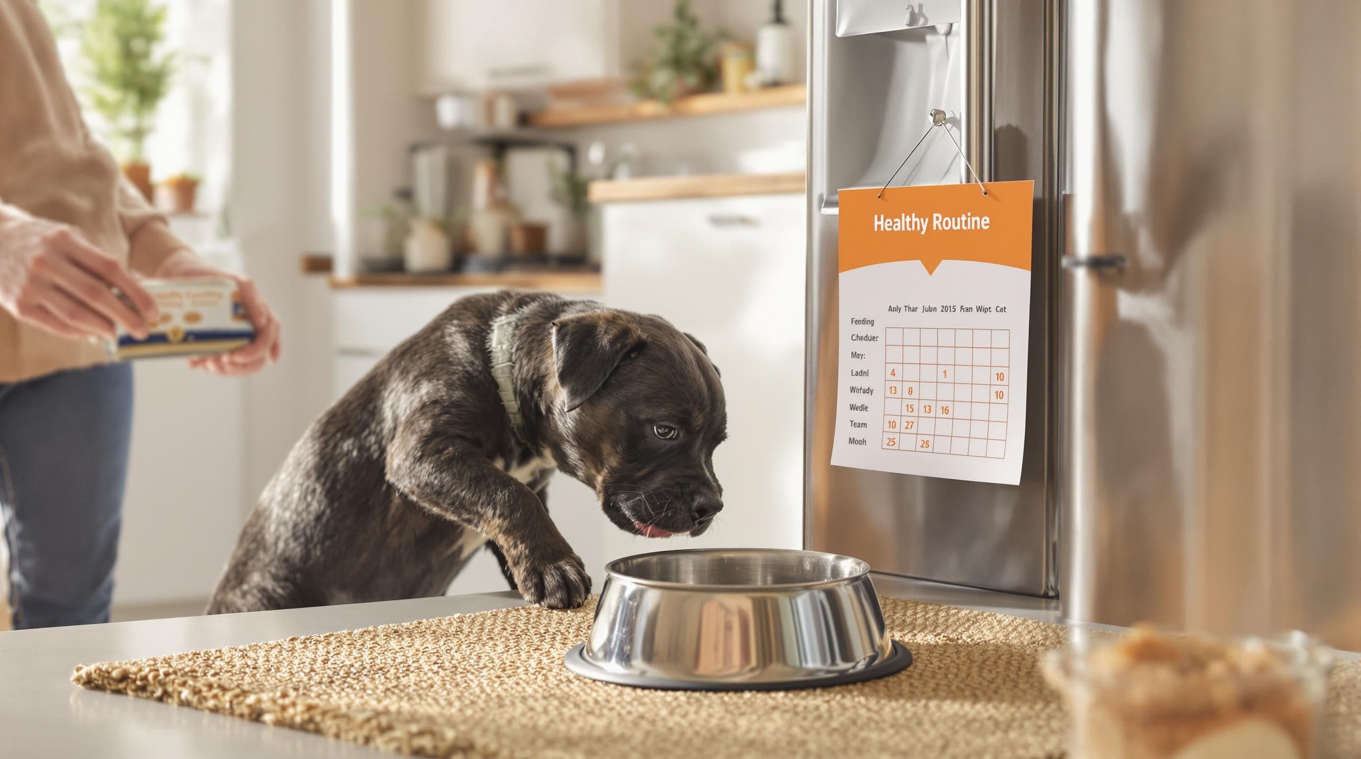 Cane Corso puppy eats with feeding chart visible in kitchen