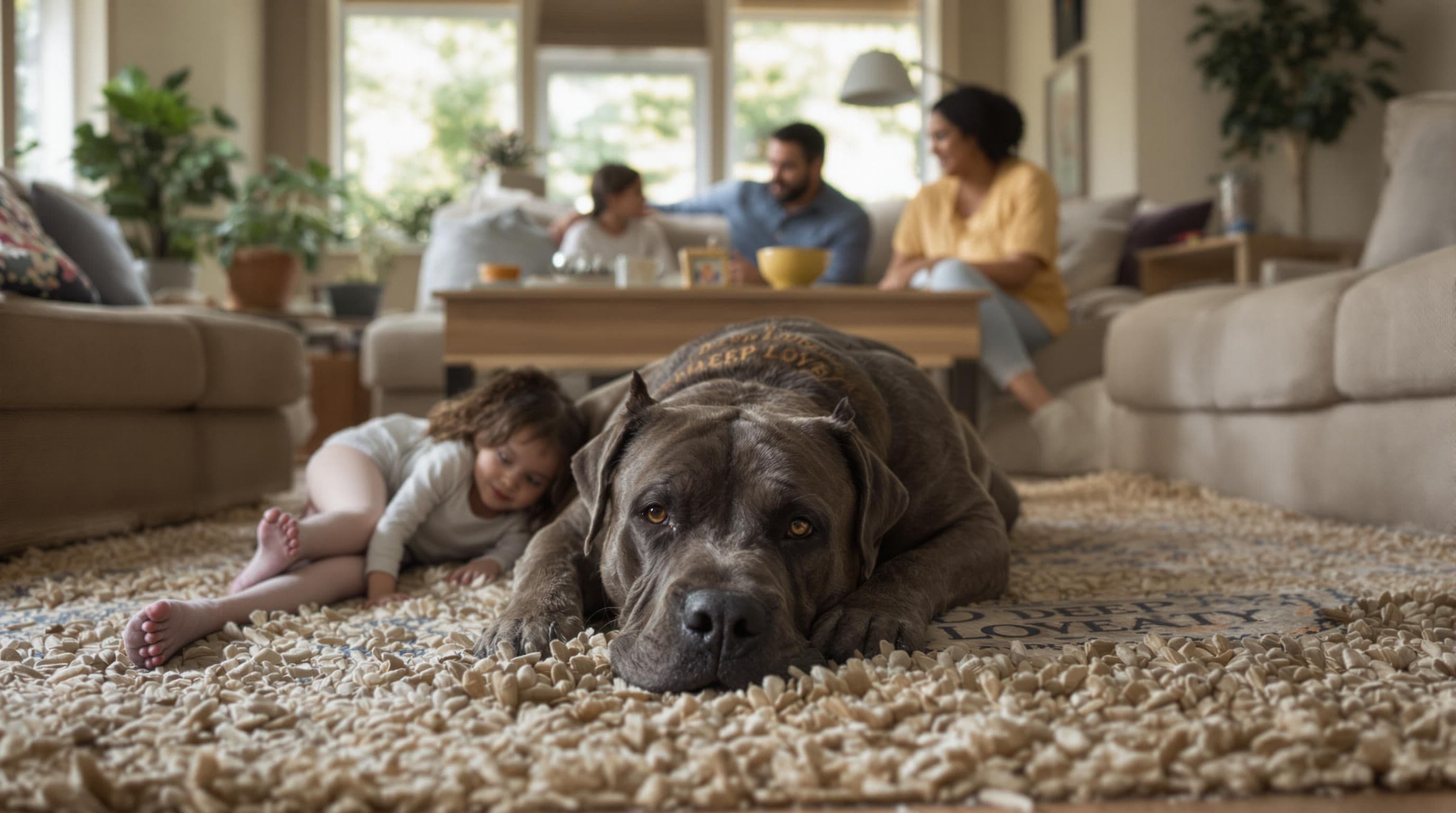 Cane Corso lying beside child showing loyal companionship