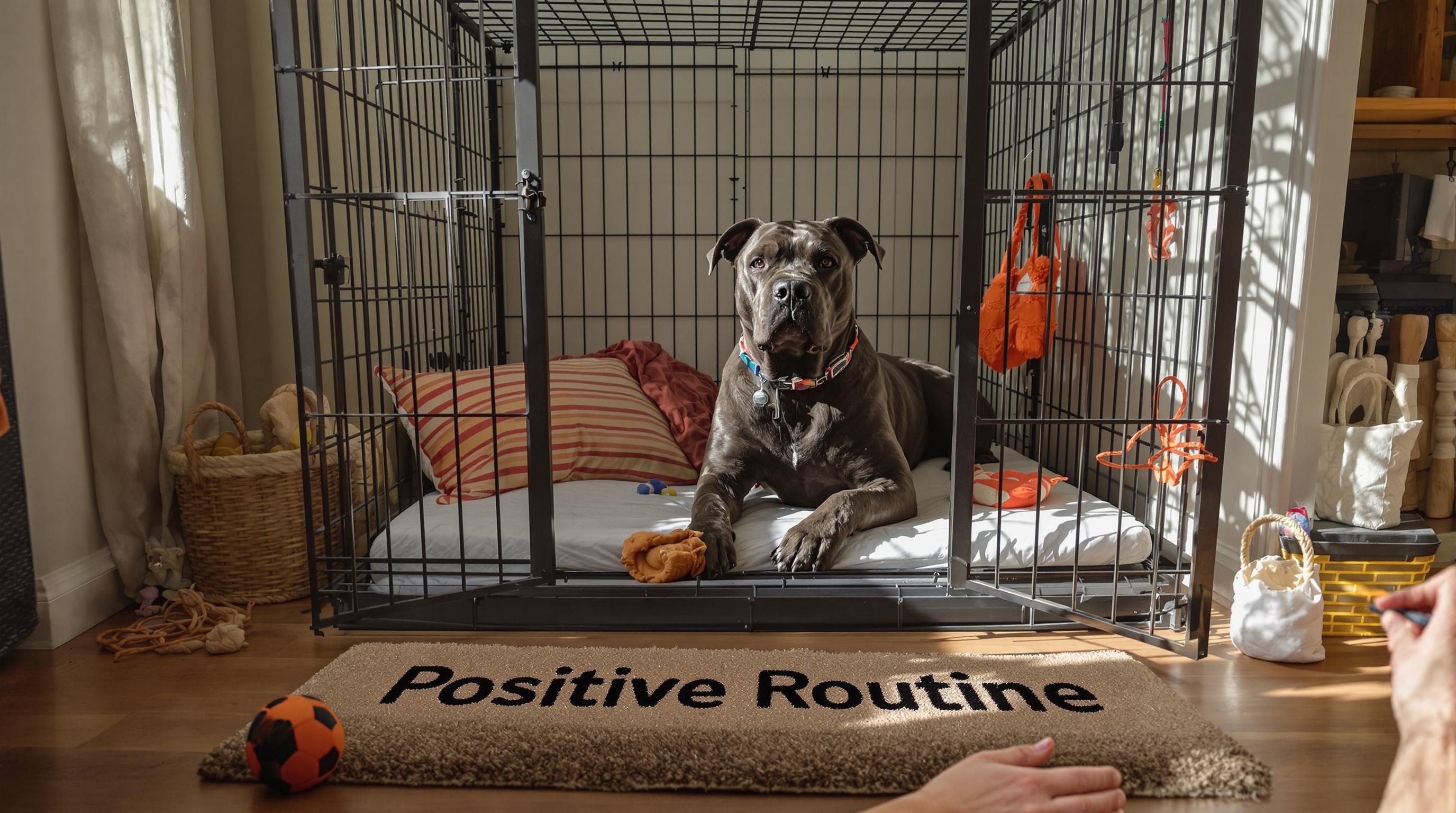 Cane Corso being rewarded in crate, 'Positive Routine' on mat