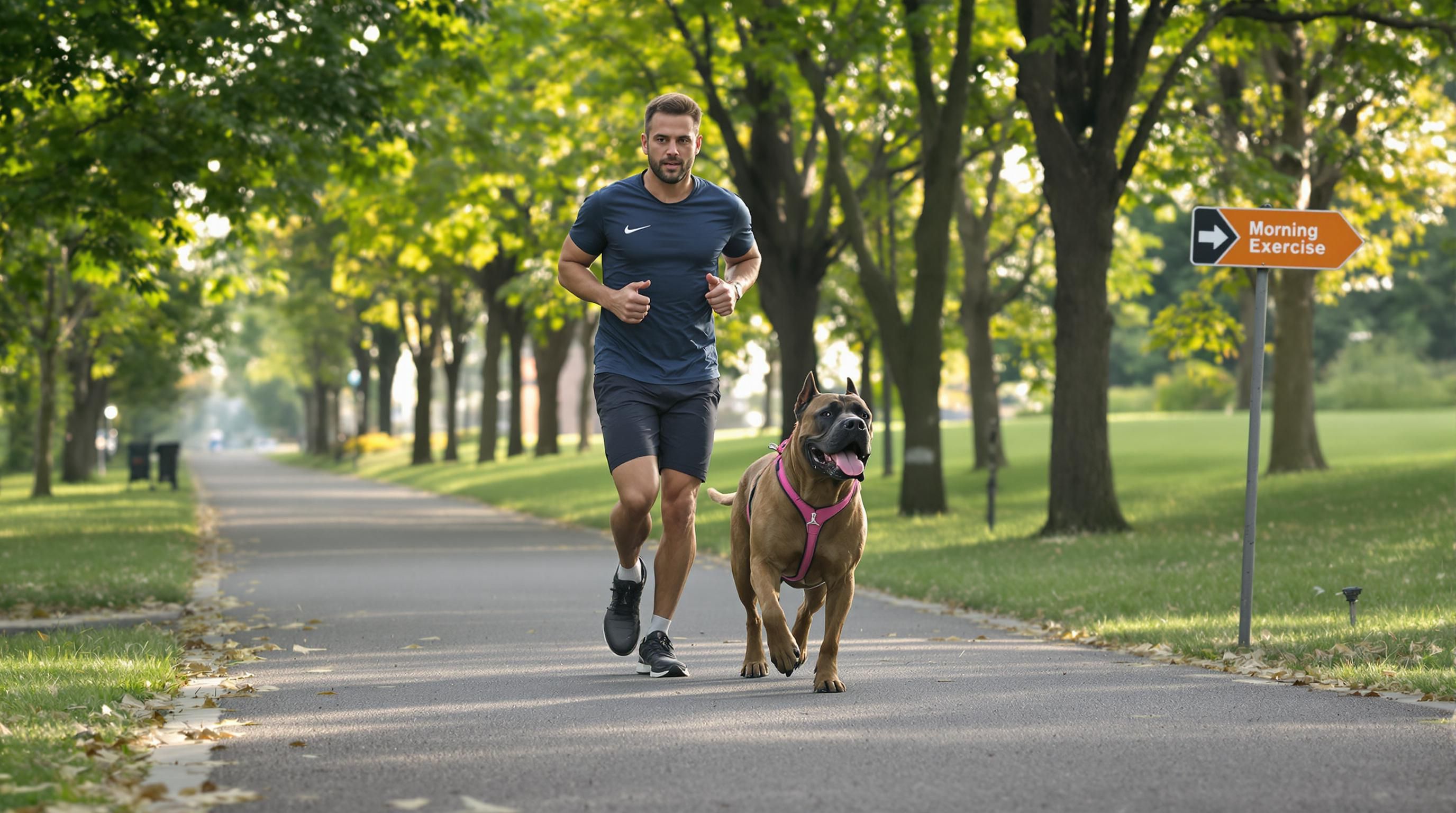 Cane Corso and owner jog together in morning park