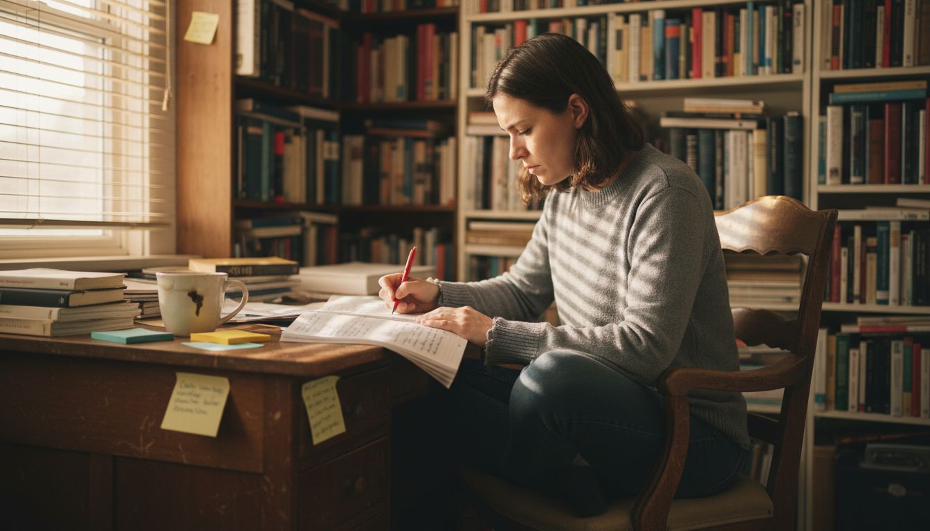 Writer editing printed content in cozy office