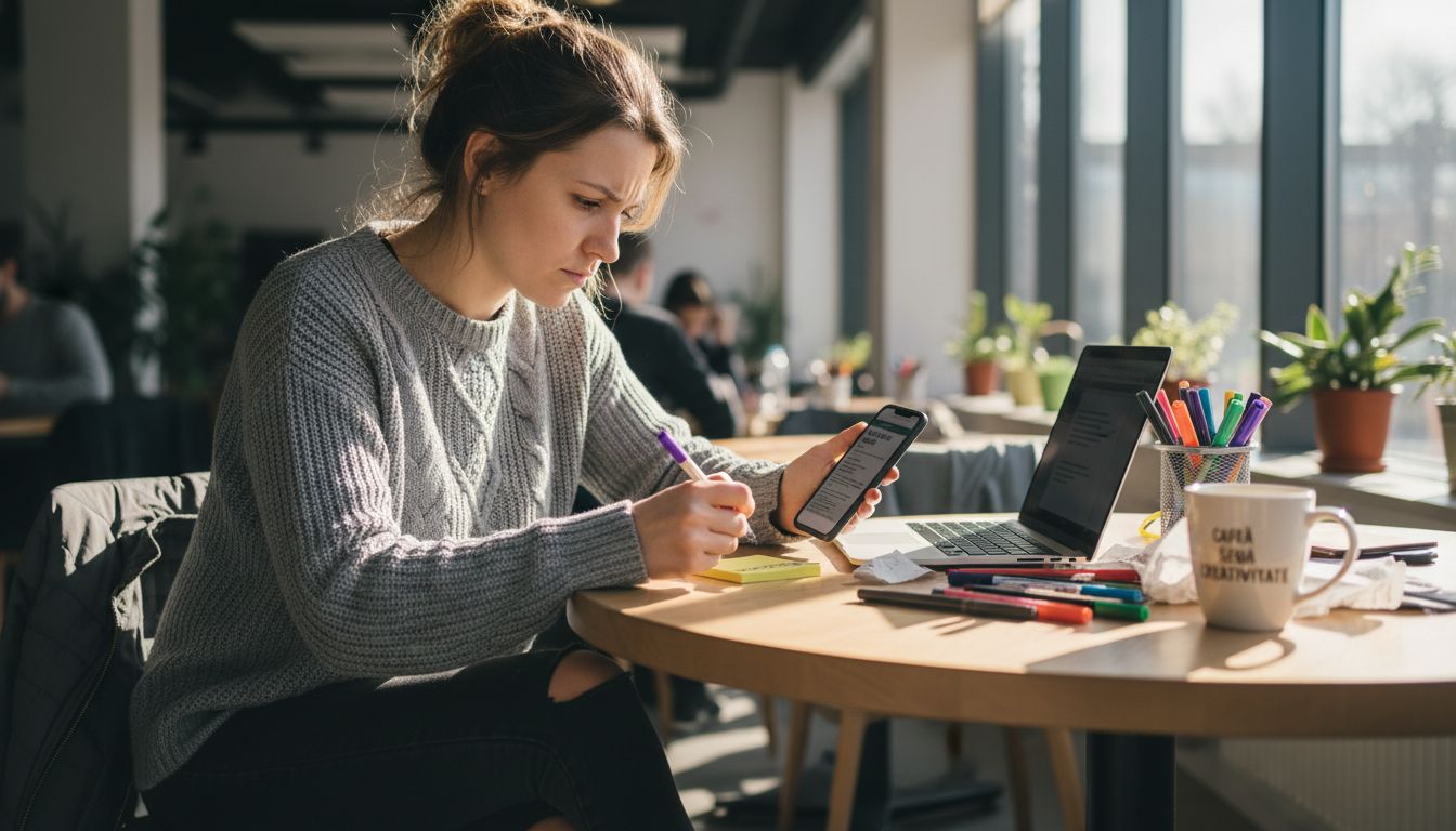 Creator de conținut în plin proces de brainstorming, notând idei pe hârtie.
